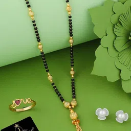JEWEL WORLD Set Of 3 Gold-Plated Stone Studded & Beaded Mangalsutra & Earring With Ring-picture-21