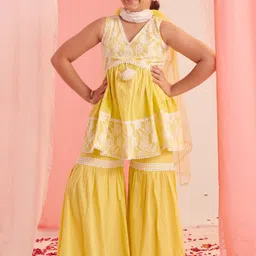 pspeaches Girls Floral Embroidered Regular Kurta with Sharara & With Dupatta image 1