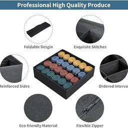 Eranqo socks organizer with 24 cells collapsible innerwear closet wardrobe cabinet clothes drawer underwear divider for belt, tie, lingerie (Pack of 2) (Black) image 3