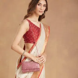 Fabindia Pink Silk Blend Clutch with Detachable Chain (Small)-image-84