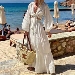quecy Women's Sexy Deep V-Neck Puff Sleeves Tie-up Top with Long Skirt Loose Two-Piece White Cord-Set Summer Dress image 2