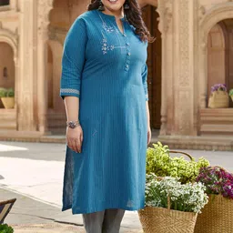 WOMEN PLUS Striped Thread Work Pure Cotton Straight Kurta With Trousers-picture-39