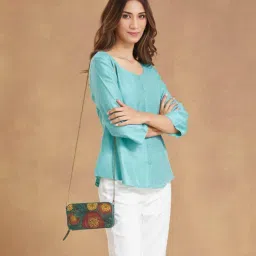 Fabindia Green Wood Clutch with Detachable Chain-image-38