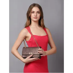 Carlton London Dark Brown Croc-Embossed Chain Medium Shoulder Bag-image-24