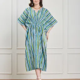 Secrets By ZeroKaata Women Blue Striped Pure Cotton Kaftan Nightdress-image-66
