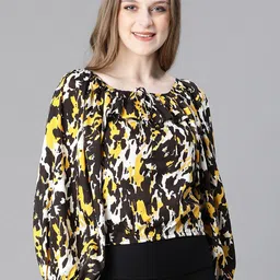 Oxolloxo Abstract Printed Tie Up Neck Puff Sleeves Top-picture-33