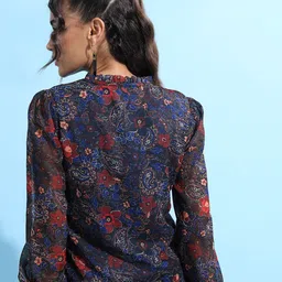 Tokyo Talkies Blue & Red Floral Printed Tie-Up Neck Puffed Sleeves Top image 4