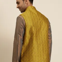 Sojanya Men Mustard Yellow & Charcoal Black Jacquard Woven Design Nehru Jacket image 5