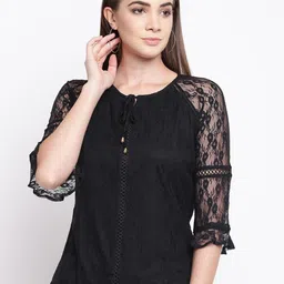 Kraus Jeans Self Design Tie Up Neck Raglan Sleeves Net Top-picture-16