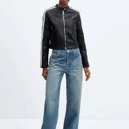 MANGO Faux-Leather Striped Detail Biker Jacket image 3