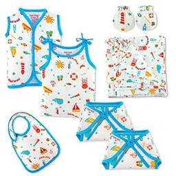 BUMSIES New Born Baby Combo 100% cotton Gift Set - 1 Printed Cotton Sleeveless Vest,1 Slip,1 Bib,1 Swaddle, 2 Cloth Lace Nappy & 1 Pair Cotton Hand Mittens - Pack of 7 (Aqua World Print 0-3 Months) image 1