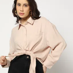 dnmx Women Crinkled Relaxed Fit Shirt with Patch Pocket image 1