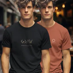 bullmer Men Pack of 2 Typographic Print Regular Fit Crew-Neck T-Shirts image 1