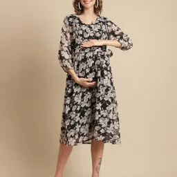 moms maternity Leaf Print Fit & Flared Dress image 1