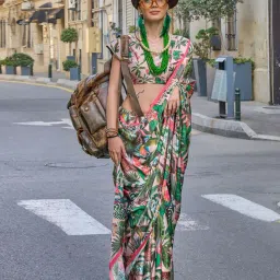 ri-wah Women Tropical Print Saree with Thin Border image 1