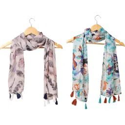 stole villa Pack of 2 Women Floral Print Scarfs with Tassels image 1