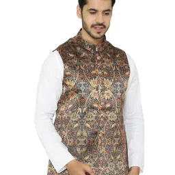 manyavar Printed Silk Button-Front Nehru Jacket image 1