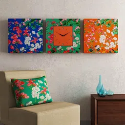 sej by nisha gupta Set of 3 Floral Print Square Shape wall Clock with Wall art image 1