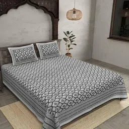 jaipur fabric Floret Retro Grey Cotton Double Bedsheet With 2 Pillow Covers image 1