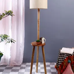 devansh Wooden Floor Lamp with Cotton Drum Shade image 1