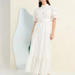 styli Women Schiffli Tiered Maxi Dress with Belt Detail image 1