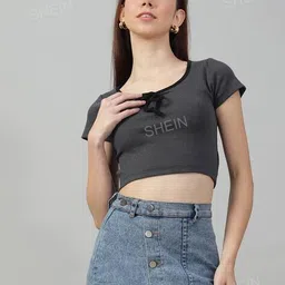 Shein Casual Tie-Up Neck Short Sleeves Ribbed Top with Contrast Binding image 1