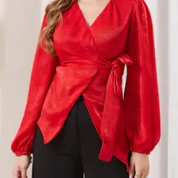 Shein Peasant Sleeve Mock Wrap Tie-Up Detail Top-picture-35