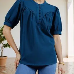 Shein Band Collar Front Buttons Puff Sleeves Teal Loose Fit Top-picture-21