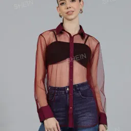 Shein Casual Full Cuffed Sleeves Curved Hem Sheer Wine Mesh Shirt image 1