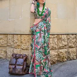 ri-wah Women Tropical Print Saree with Thin Border image 2