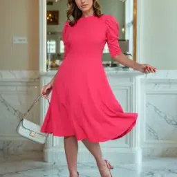 Shein Modest Leg-O-Mutton Sleeves Straight-Hem Midi A-Line Dress-picture-26