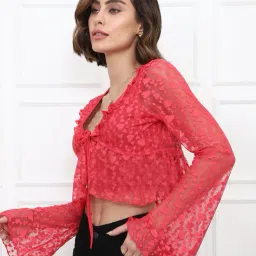 Shein Tie-Up Neck Bell Sleeve Floral Lace Blouse Top image 2