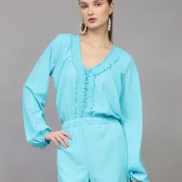 Shein Peasant Sleeves Ruffled Trim Textured Playsuit image 2