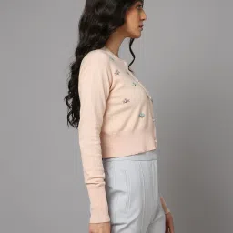 fyre rose Women Embroidered Slim Fit Crop Cardigan image 3