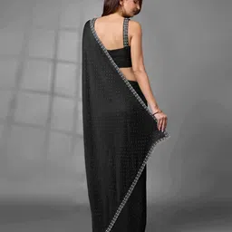 Trendmalls Women's Satin Georgette Siroski work Saree with Unstitched Blouse Piece (K1086-Black) Traditional Saree image 4