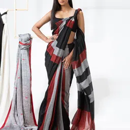 indie picks Women Striped Saree with Tassels image 4