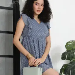 Shein Ruffled Cap Sleeves Flared Hem Geometric Print Skater Dress-picture-30