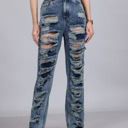 Shein Full Length High Rise Heavy Distress Straight Fit Jeans image 1