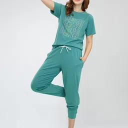 zeyo Women Typographic Print T-Shirt & Pyjamas Set image 4