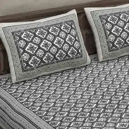 jaipur fabric Floret Retro Grey Cotton Double Bedsheet With 2 Pillow Covers image 4
