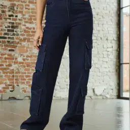 Shein Full Length High Rise Straight Fit Cargo Jeans-image-2