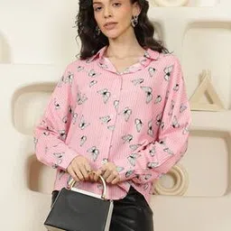 Shein Casual Spread Collar Butterfly Print Curved Hem Shirt-picture-10