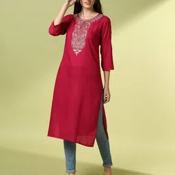acai Women Straight Kurta with Embroidered Yoke image 4