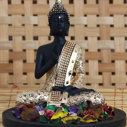 ecraftindia Golden Meditating Buddha Decorative Showpiece with Wooden Base Fragranced Petals &  Tealight image 5