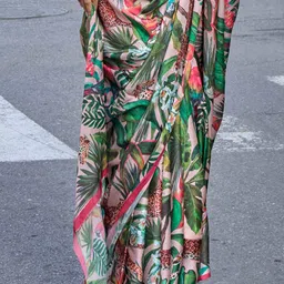 ri-wah Women Tropical Print Saree with Thin Border image 5