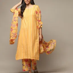 biba Women Striped Straight Kurta with Palazzos & Dupatta image 5