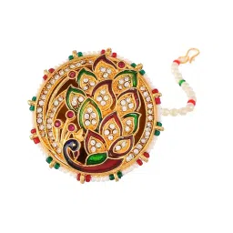 silvermerc designs Gold Plated Pearl Studded Meenakari Maang Tikka image 5