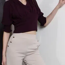 Shein Bishop Sleeves Pleated Smocked Back Wine Fitted Crop Top image 1