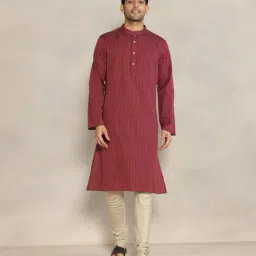 fabindia Men Striped Relaxed Fit Long Kurta with Mandarin Collar image 5