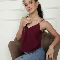 Shein Party Pleated Neck Wine Camisole Top-picture-11